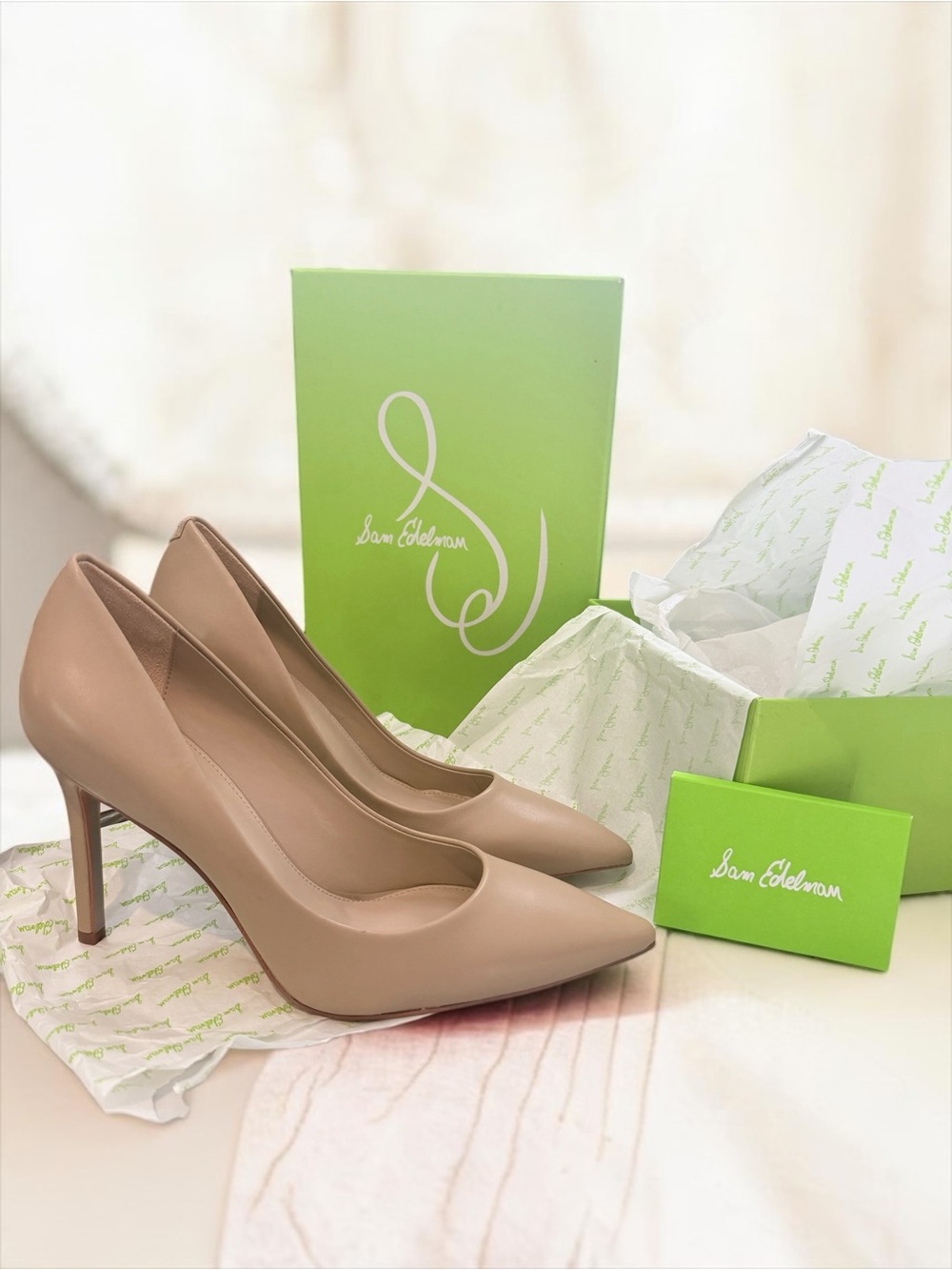 Sam Edelman Hazel Beige Leather Pointed Toe Pumps Stiletto Heels Brand New